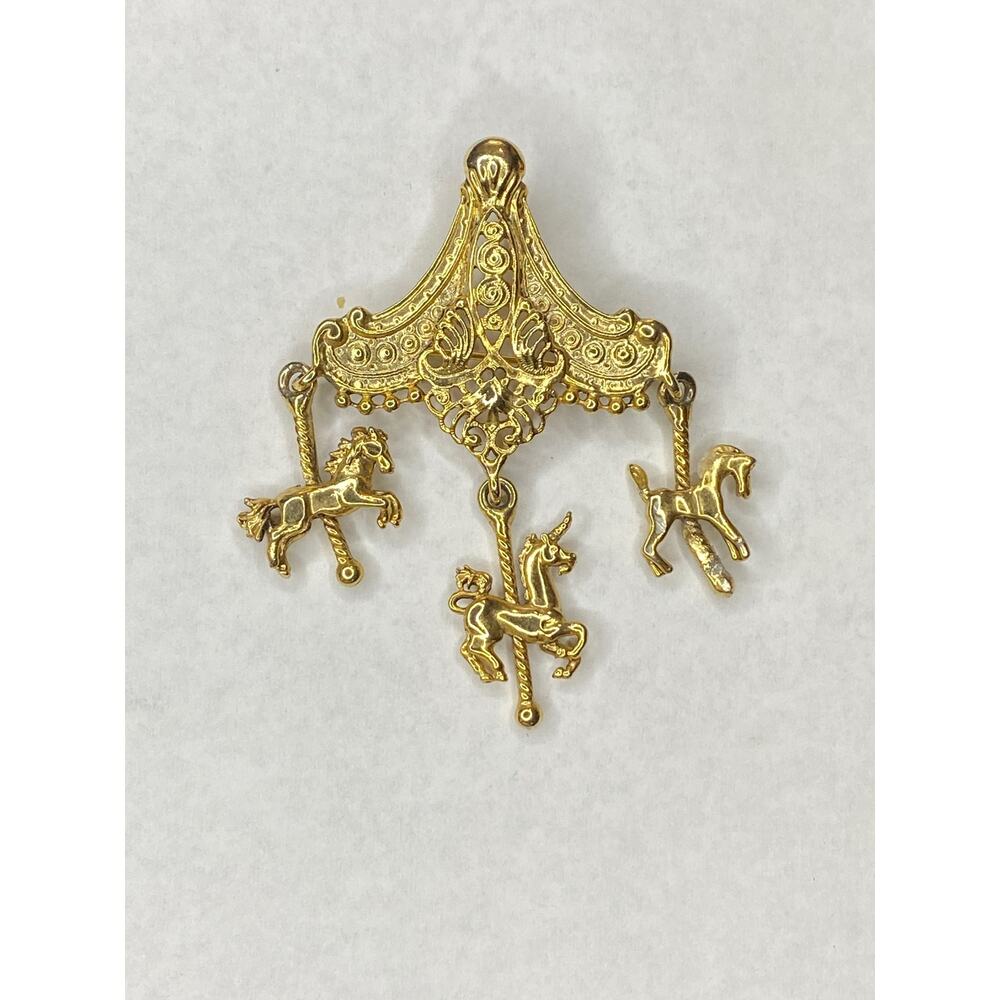 Vintage Filigree Carousel Horses Brooch Pin